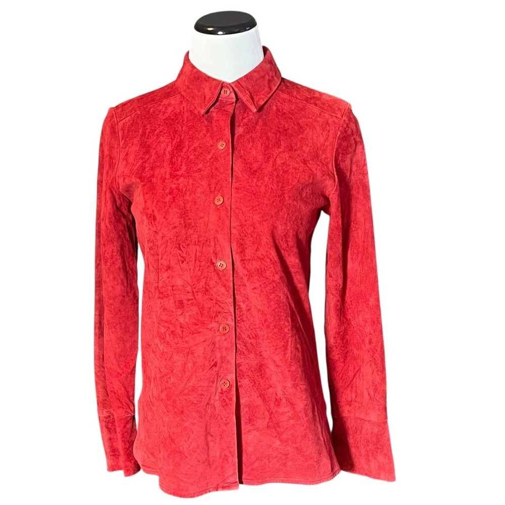 New Frontier Womens XS Red Suede Leather Button Down Shirt Long Sleeve Collared
